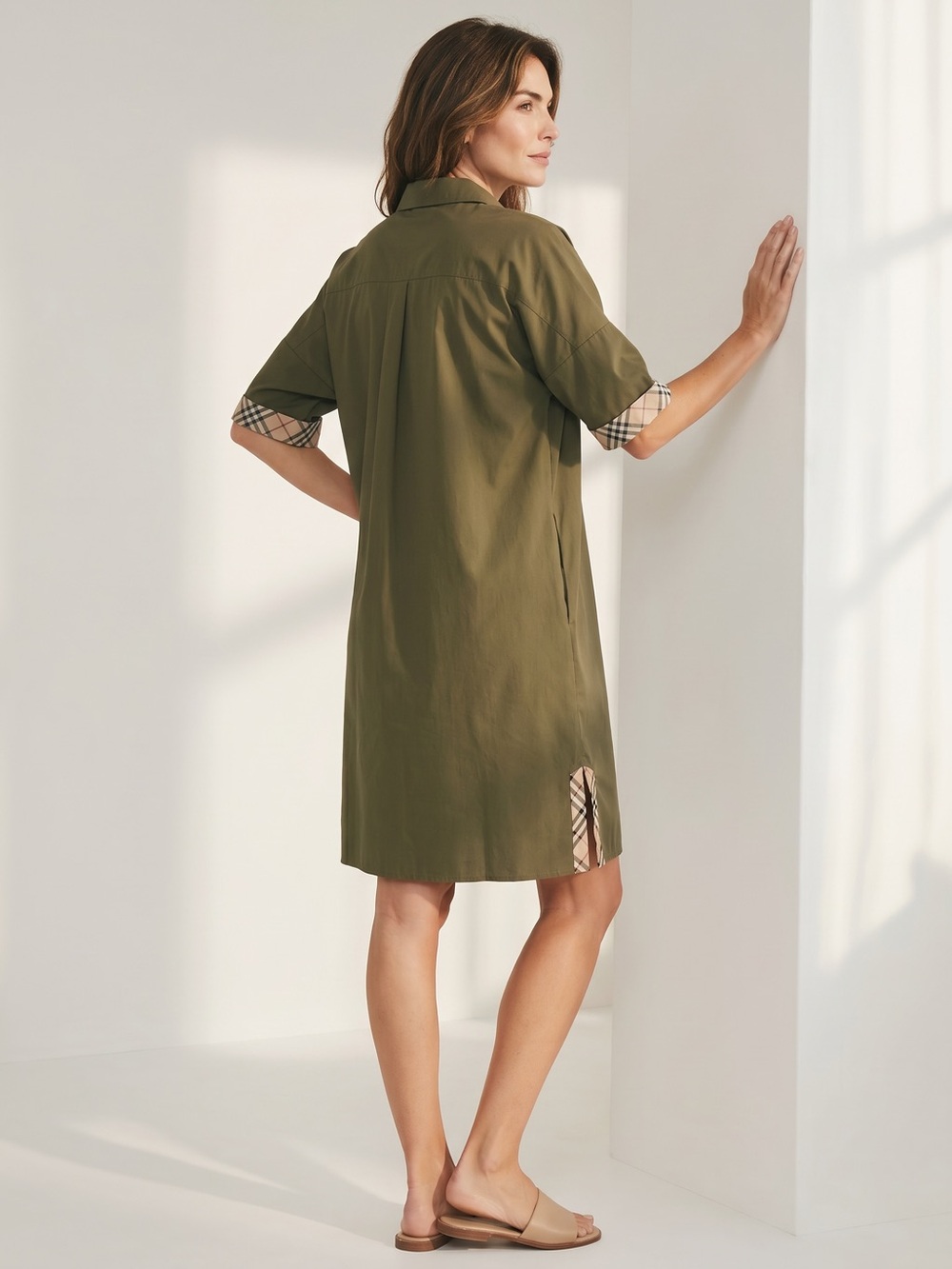Joh Apparel NWT Olive Shirt Dress Plaid Trim Button Front Oversized Shift Dress
